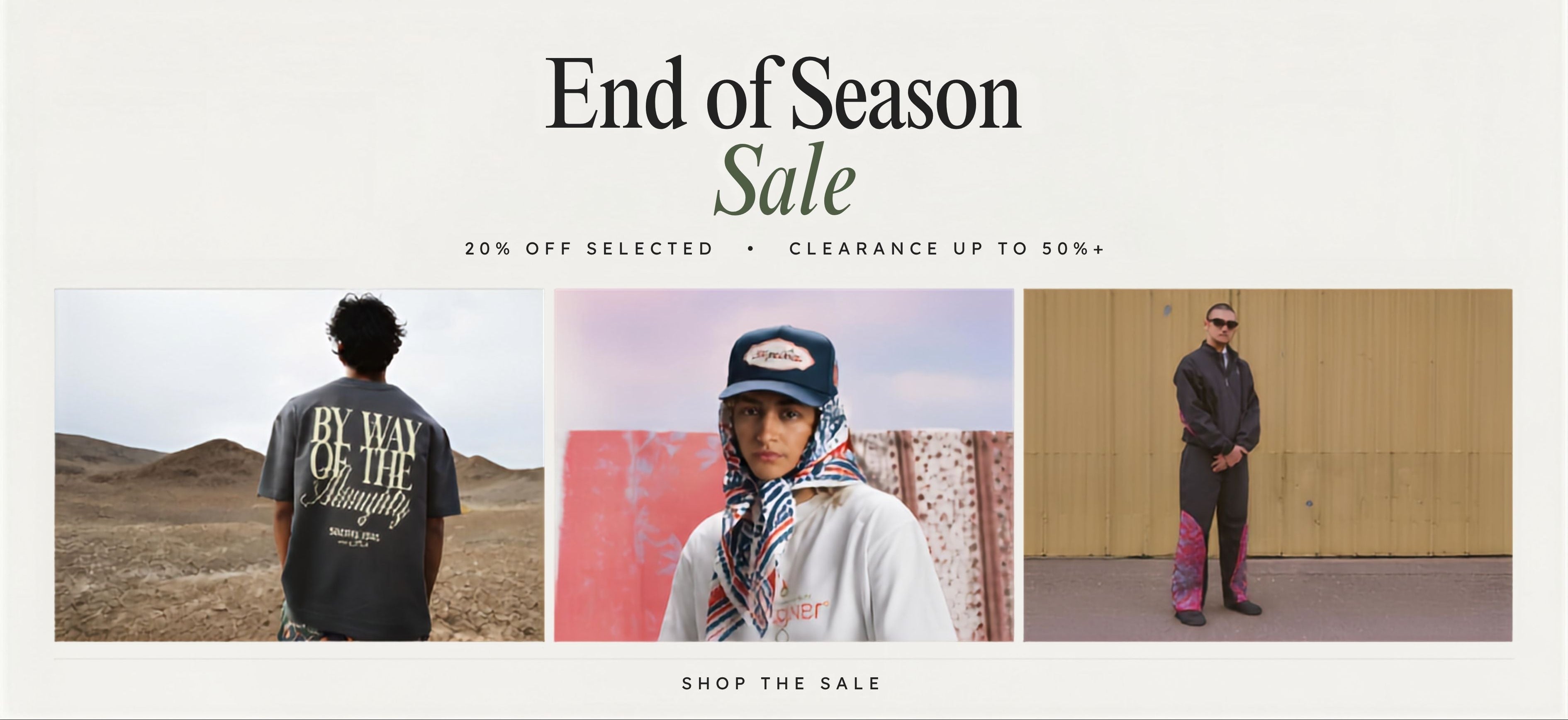 A promotional sale banner from SIVEPILLARS featuring three lifestyle photos of models wearing apparel, with text reading 'End of Season Sale' and '20% OFF SELECTED • CLEARANCE UP TO 50%+'.