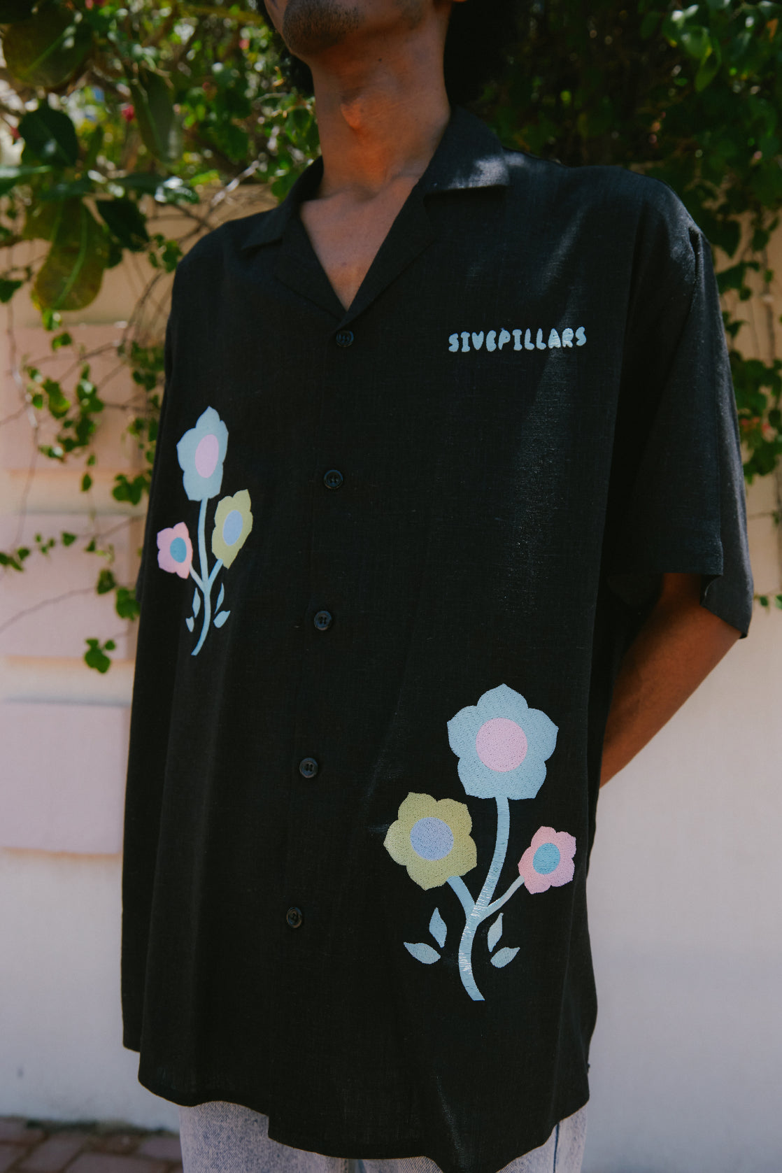 Floral Linen Button Up - Black